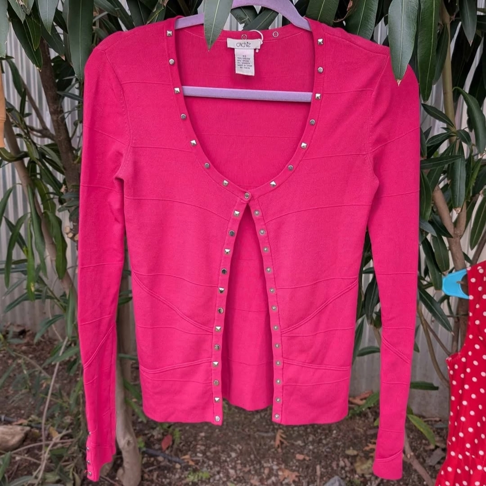 Cache Pink Cardigan w/ Silver Metal Studs and Snap Buttons Pink Ribbed Vest XS